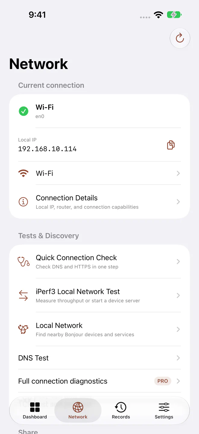 Syscope network overview showing local addresses and network tools.
