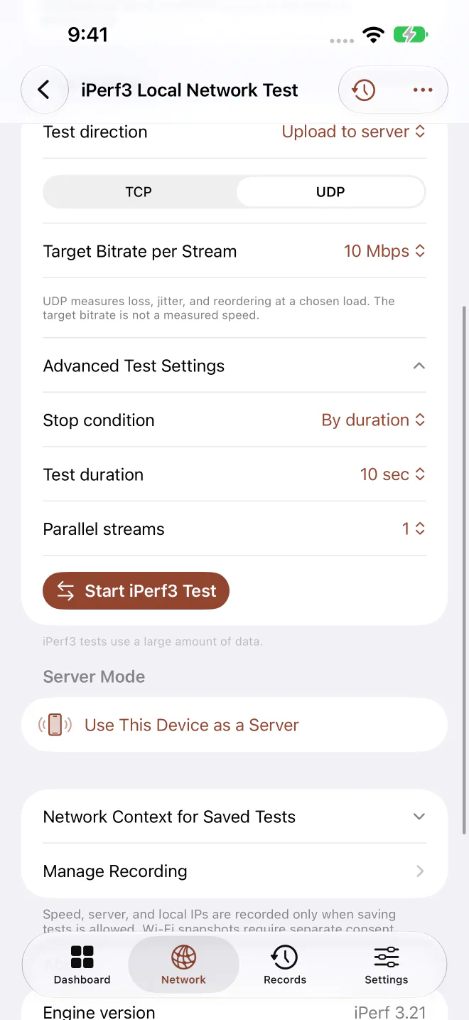 Syscope Pro iPerf3 UDP and advanced test settings.