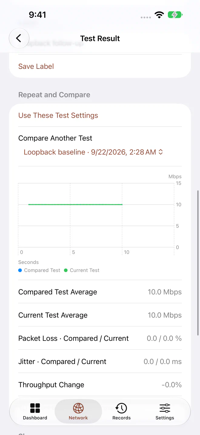 Two saved local iPerf3 tests compared in Syscope Pro.